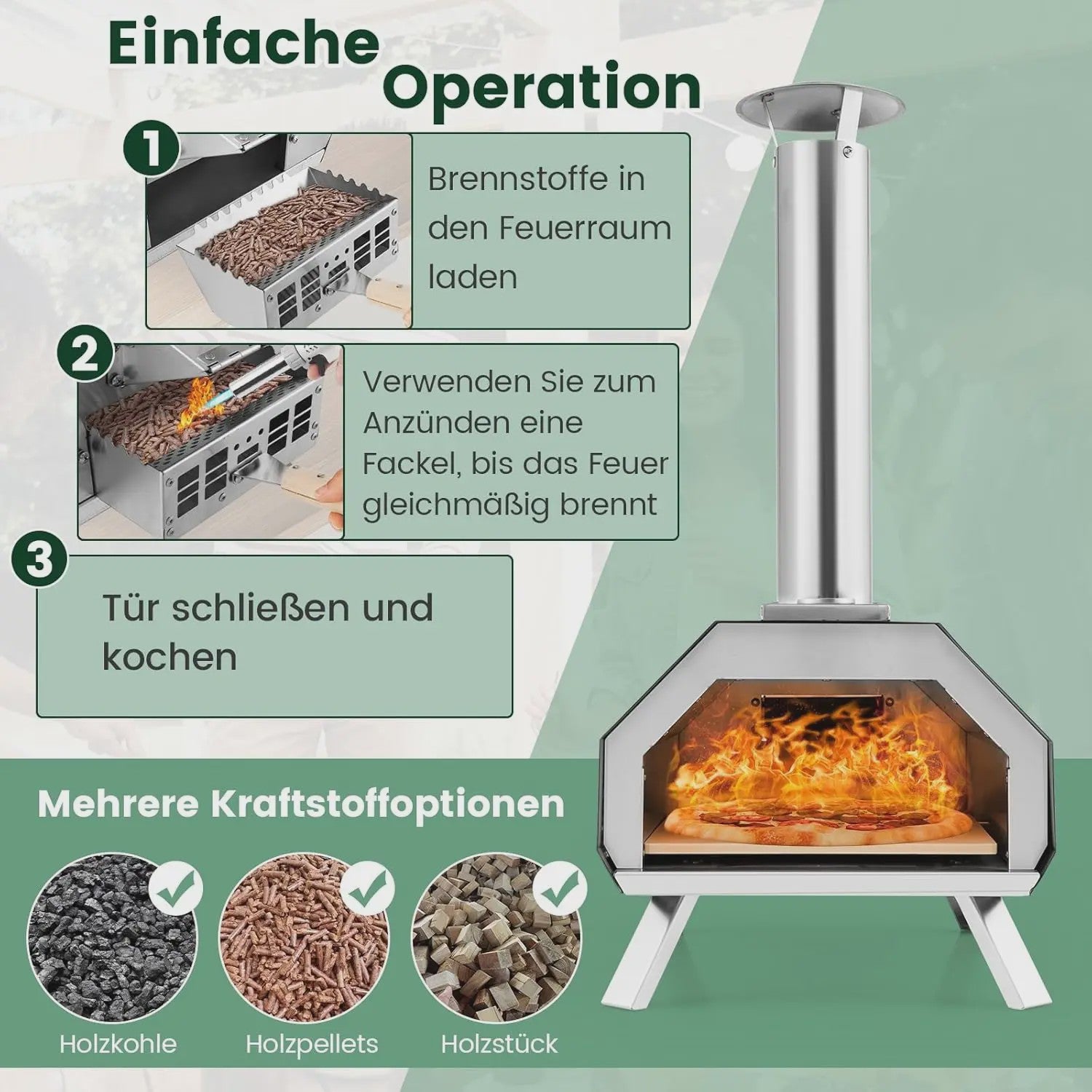 Draagbare Buiten Pizzaoven van RVS met Pizza Steen, Schep en Thermometer