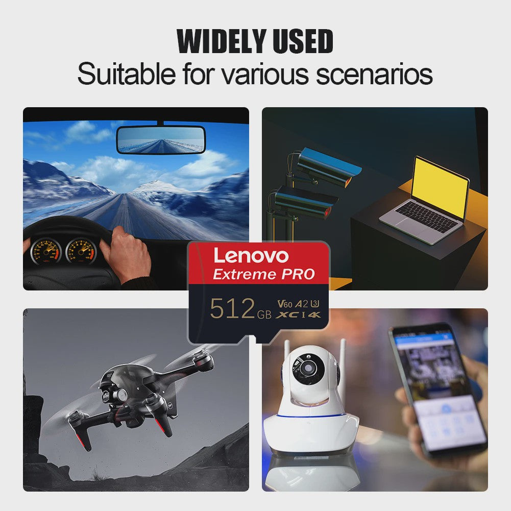 Lenovo Extreme PRO Micro SDXC Kaart 128GB/256GB/512GB U3 V60 A2 - High-Speed TF Flash voor Drone & Action Camera