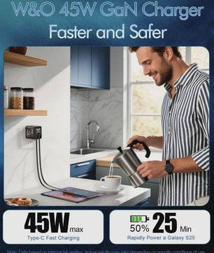 W&O GaN Snellader met 80cm Intrekbare Kabel: Dubbele Poort voor Lightning & Type-C