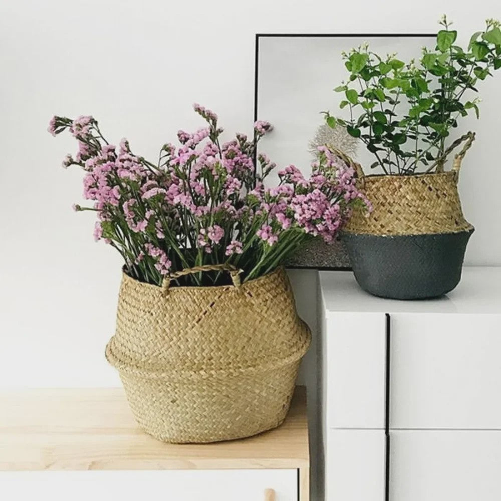 Handgeweven Zeegras Mand met Handvatten - Decoratieve Opbergmand & Plantenpot