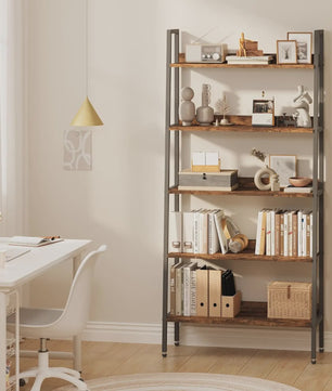 5-Laags Ladder Boekenkast - Smal Houten Wandrek met Metalen Frame