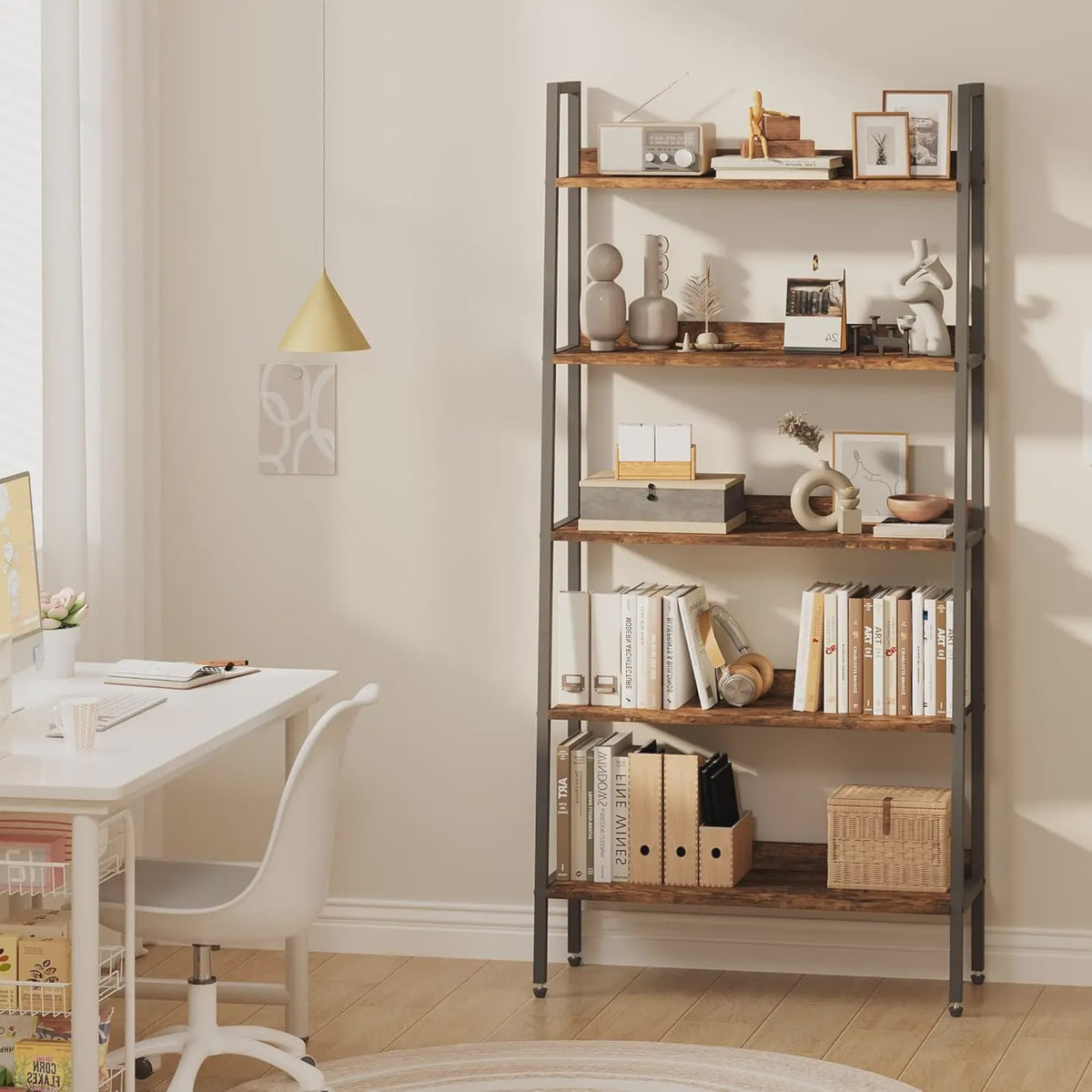 5-Laags Ladder Boekenkast - Smal Houten Wandrek met Metalen Frame