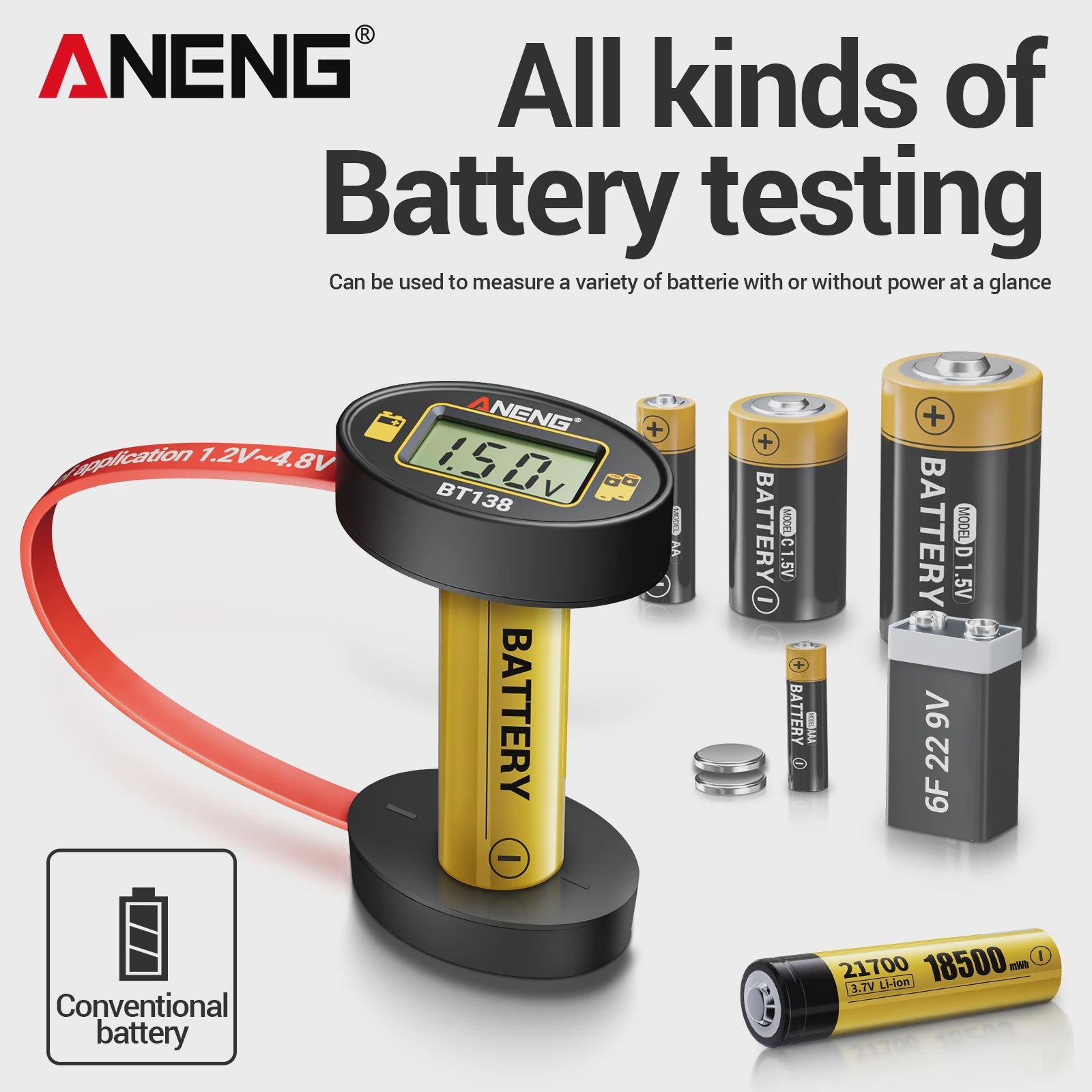 ANENG BT138 Universele Batterij Tester met LCD - Meet AA, AAA, C, D, 9V, Lithium & Knoopcel Batterijen