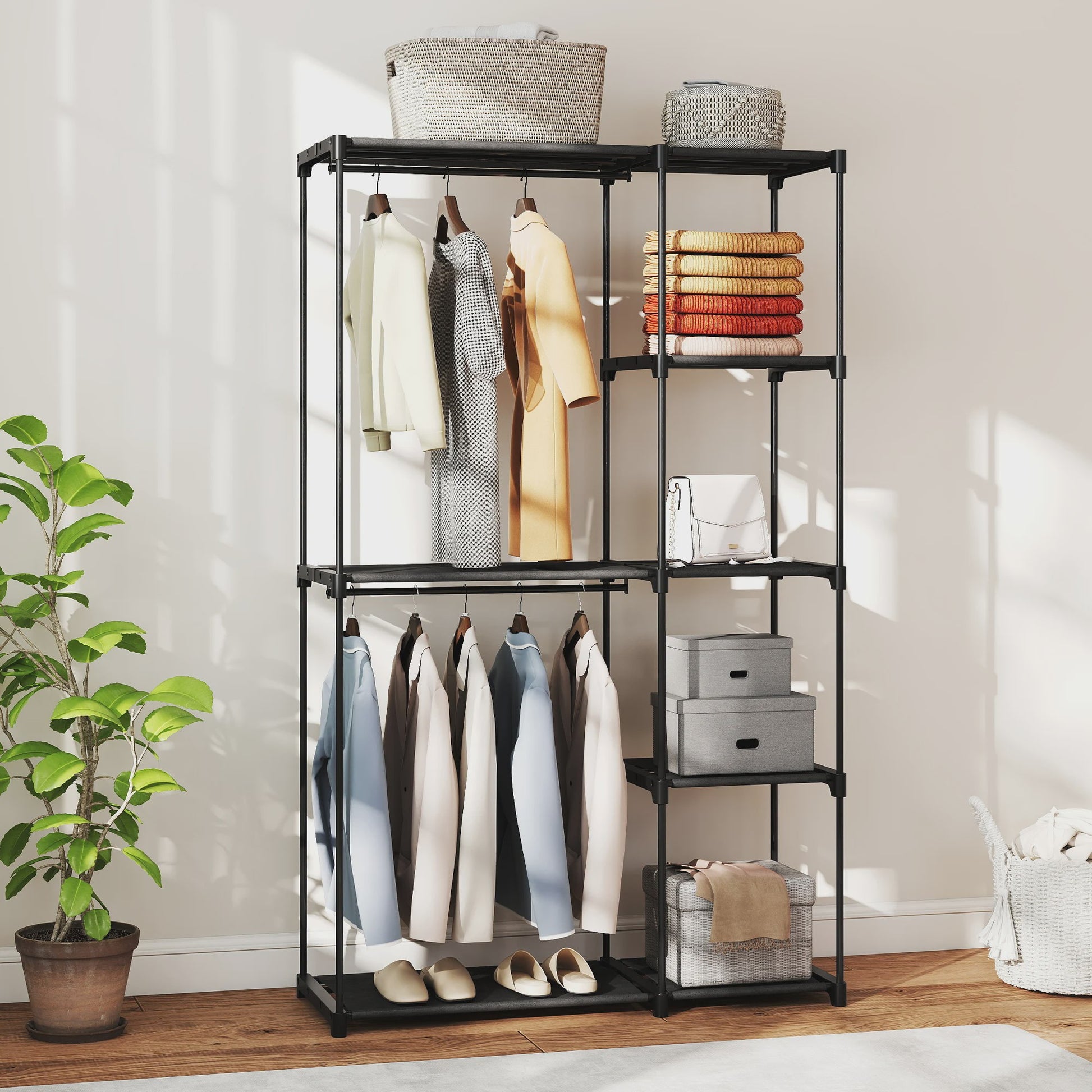 HOMCOM Stoffen Kledingkast met Hangroede en Planken - Zwart, 111x43x185 cm