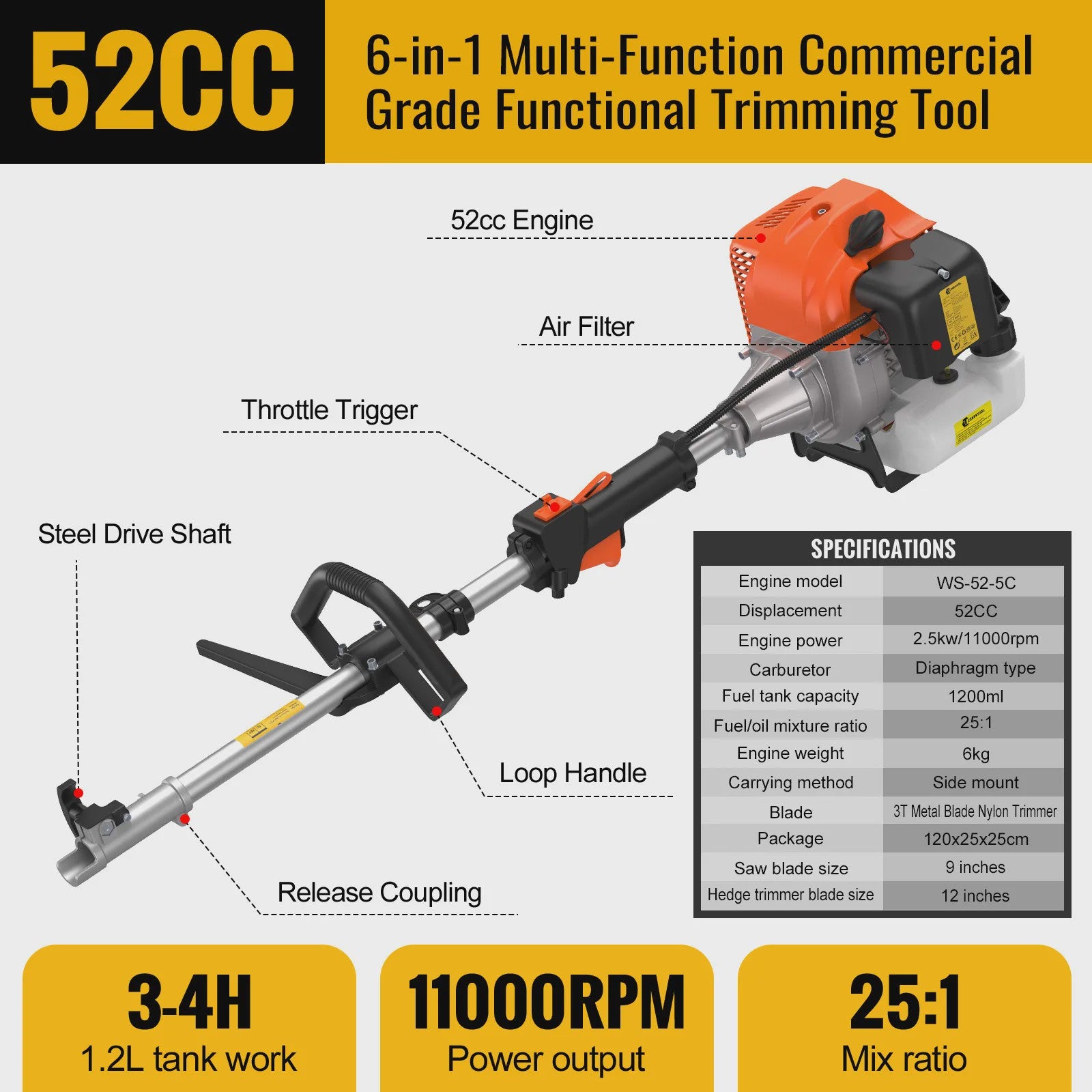 CONENTOOL 52CC 6-in-1 Benzine Grasmaaier, Bosmaaier, Heggenschaar & Kettingzaag Tuingereedschap