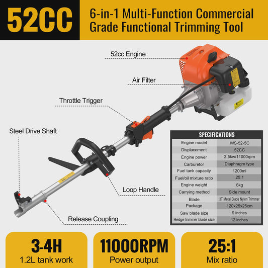 CONENTOOL 52CC 6-in-1 Benzine Grasmaaier, Bosmaaier, Heggenschaar & Kettingzaag Tuingereedschap