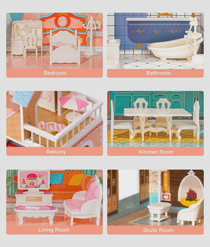 Houten Poppenhuis met Balkon - 3 Verdiepingen & 28 Accessoires - Cadeau voor Kinderen