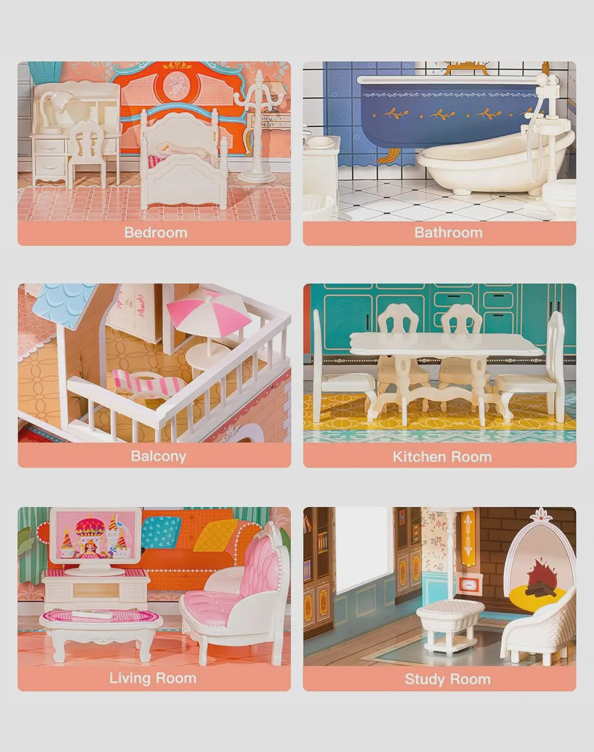 Houten Poppenhuis met Balkon - 3 Verdiepingen & 28 Accessoires - Cadeau voor Kinderen