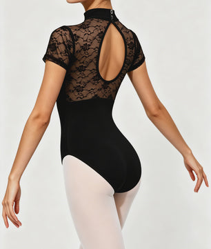 Dames Ballet Leotard met Kant en Hoge Hals - Korte Mouwen & Holle Rug