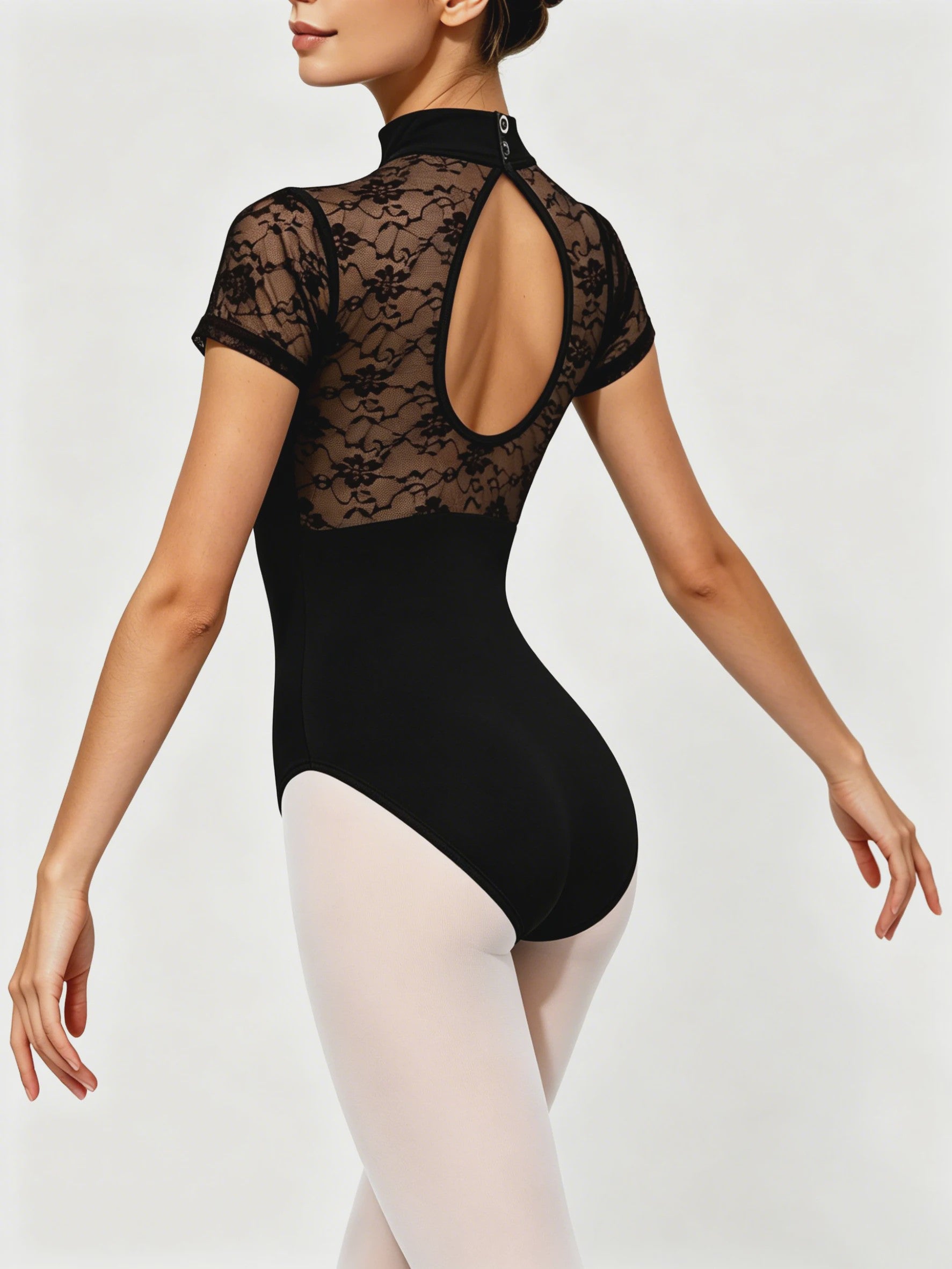 Dames Ballet Leotard met Kant en Hoge Hals - Korte Mouwen & Holle Rug