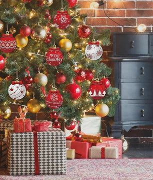 12x Houten Kerstballen Ornamenten Rood Wit - Feestelijke Winter Decoratie