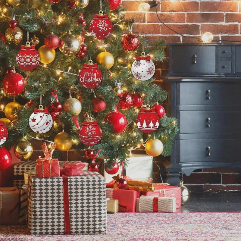 12x Houten Kerstballen Ornamenten Rood Wit - Feestelijke Winter Decoratie