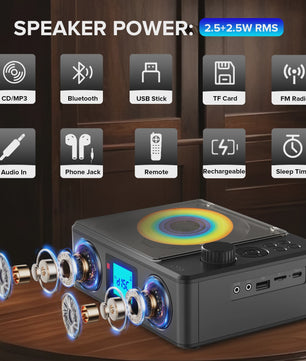 Draagbare CD-speler met Bluetooth, FM Radio, Afstandsbediening & Oplaadbaar