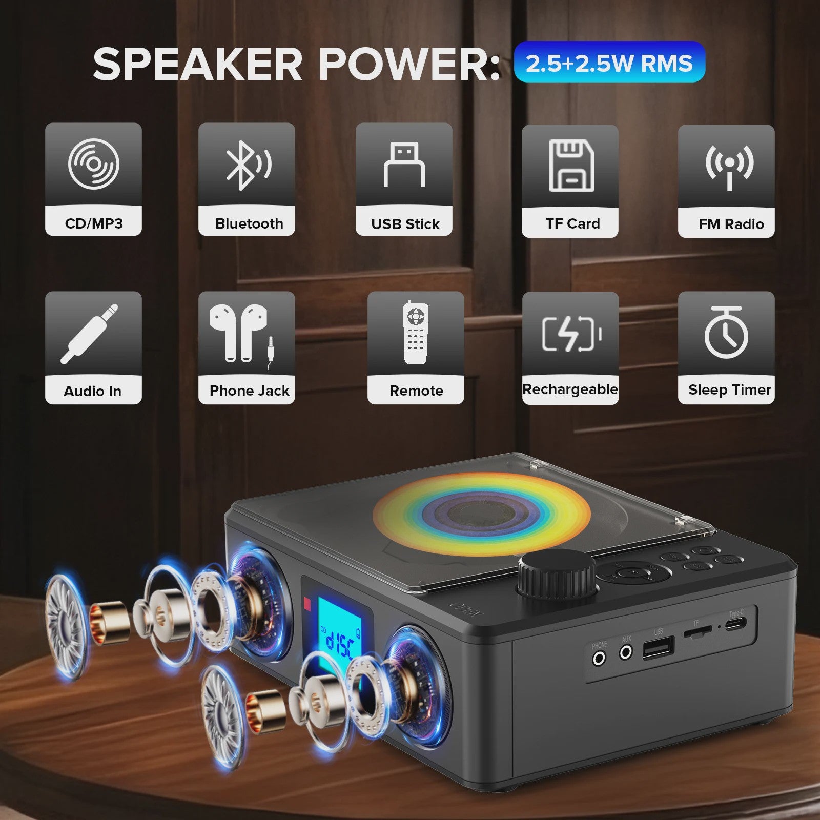 Draagbare CD-speler met Bluetooth, FM Radio, Afstandsbediening & Oplaadbaar