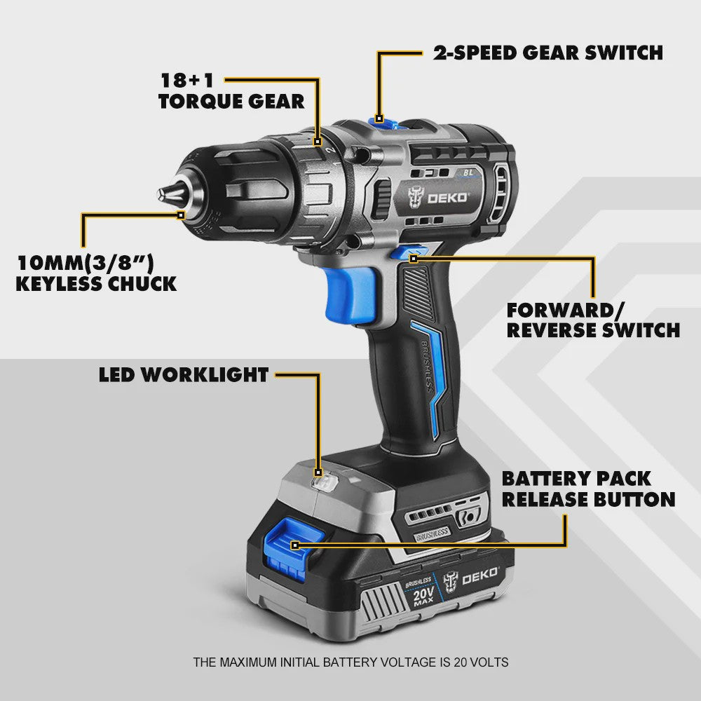 DEKO 20V Brushless Accuboormachine - Krachtige Mini Schroefmachine met 2 Snelheden & 18+1 Koppeling