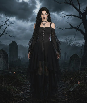 Gothic Heksenjurk Dames - Middeleeuwse Vampier Stijl met Vlinder Mouwen & Kant