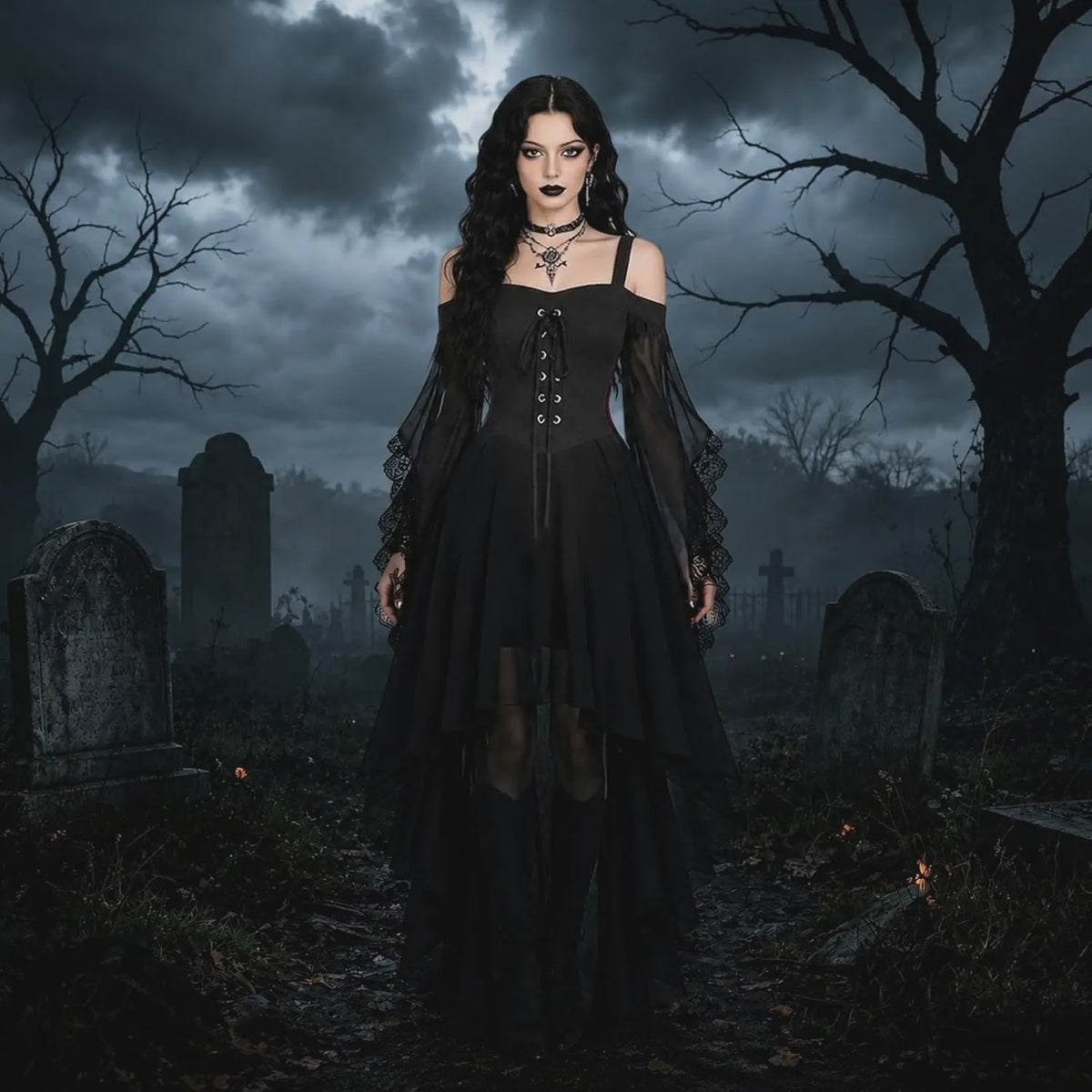 Gothic Heksenjurk Dames - Middeleeuwse Vampier Stijl met Vlinder Mouwen & Kant