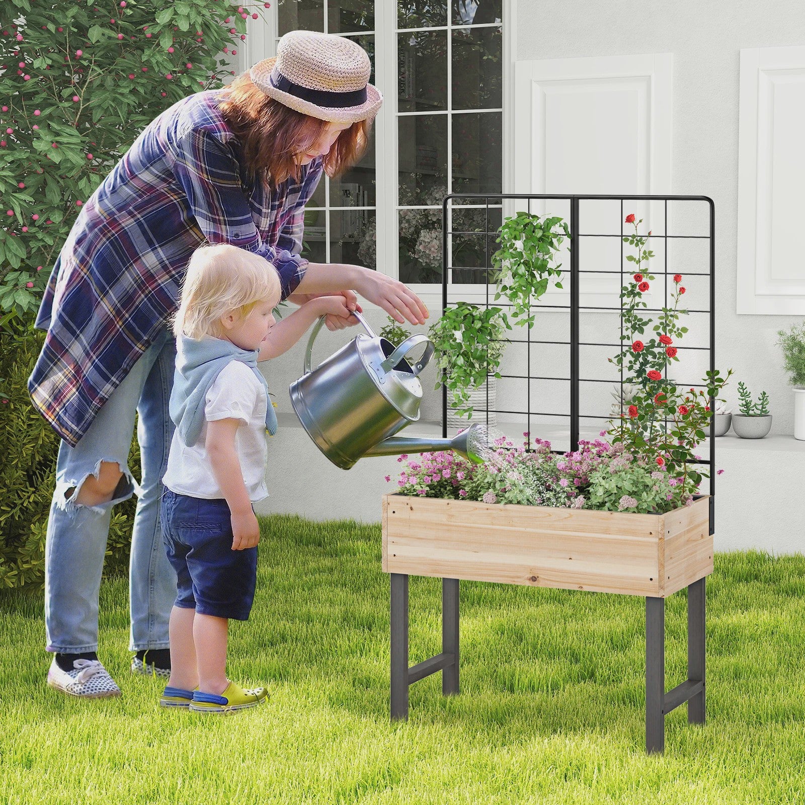 Verhoogd Houten Bed met Trellis - Bloembak voor Klimplanten en Bloemen