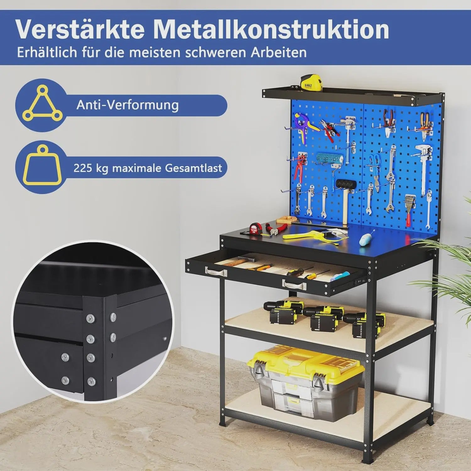 Robuuste Werkbank 81x41 cm met 225 kg Draagkracht - Blauwe Werktafel voor Garage & Werkplaats