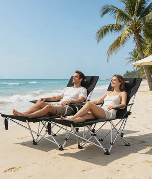 Set van 2 Zwarte Klapstoelen - Camping, Vissen, Strand - Met Voetensteun & Bekerhouder - 120kg Draagkracht