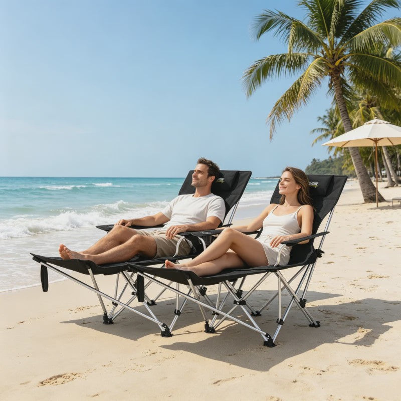 Set van 2 Zwarte Klapstoelen - Camping, Vissen, Strand - Met Voetensteun & Bekerhouder - 120kg Draagkracht