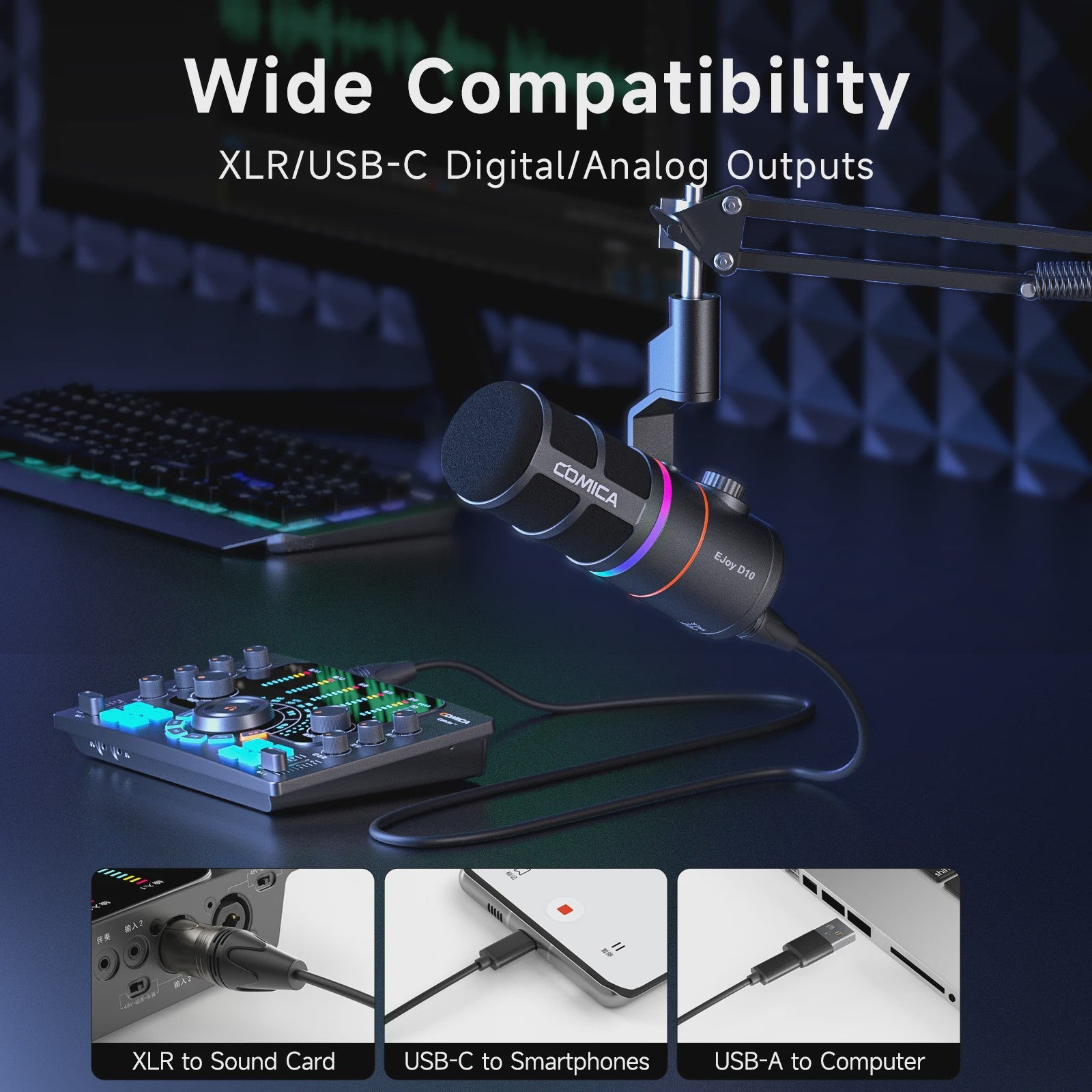 COMICA D10/D10 PRO Dynamische Microfoon: RGB, USB/XLR, Draadloos/Bedraad voor Streaming & Gaming