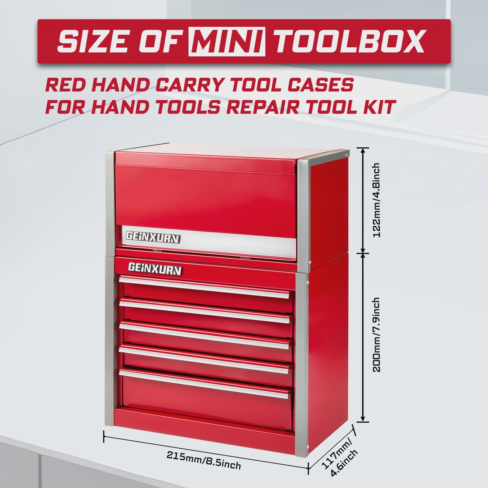 Geinxurn Mini Gereedschapskist - Compacte 3/5 Lades, Stapelbaar Staal, Rood