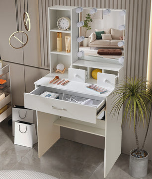 Witte Kaptafel met LED Verlichting & Spiegel - Compact Make-up Tafelmeubel voor Kleine Ruimtes
