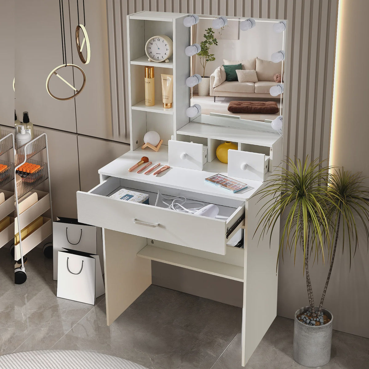 Witte Kaptafel met LED Verlichting & Spiegel - Compact Make-up Tafelmeubel voor Kleine Ruimtes