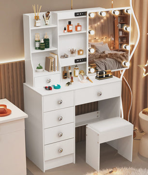 Witte Kaptafel met Schuifspiegel, Dimbare LED Verlichting, 6 Lades en Kruk