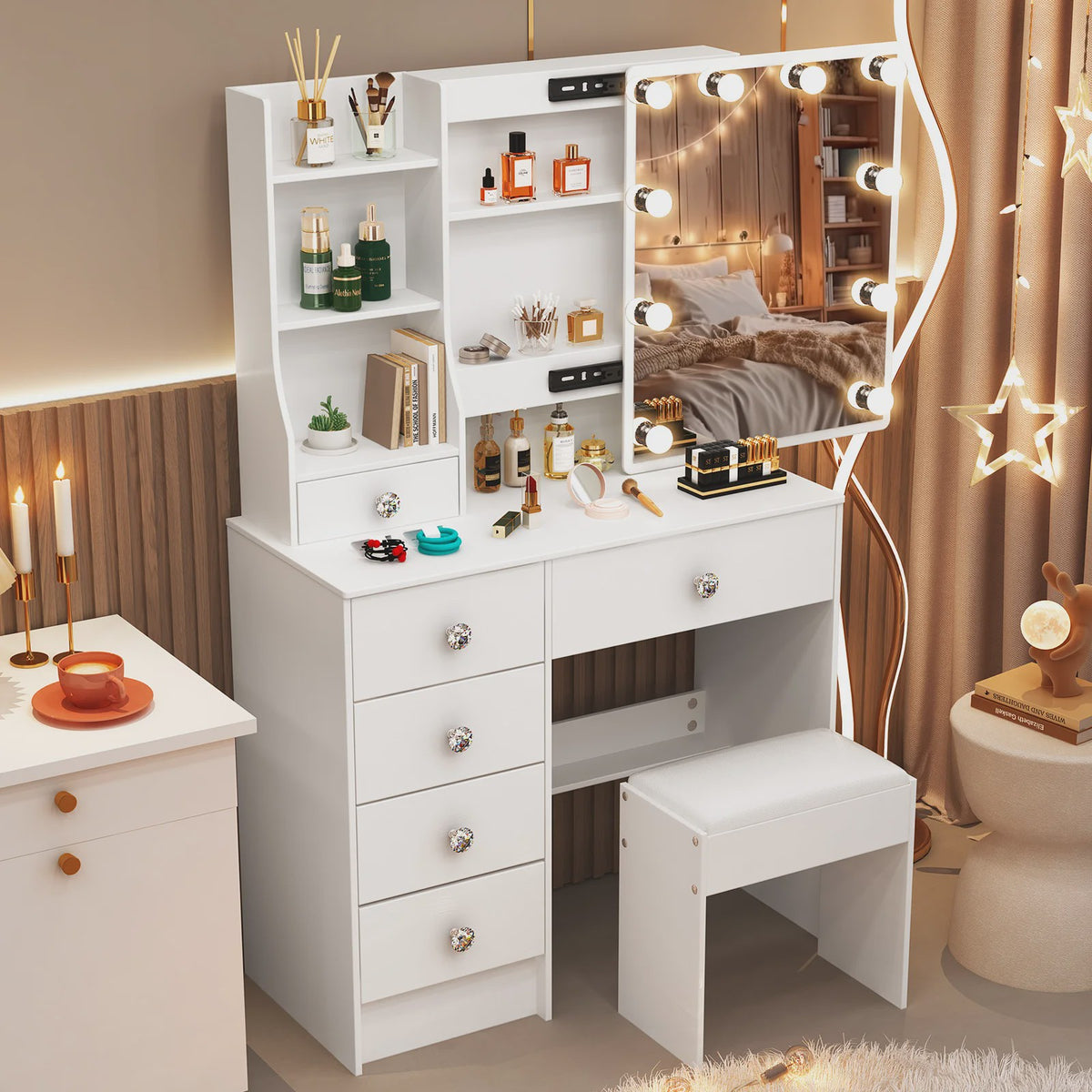 Witte Kaptafel met Schuifspiegel, Dimbare LED Verlichting, 6 Lades en Kruk