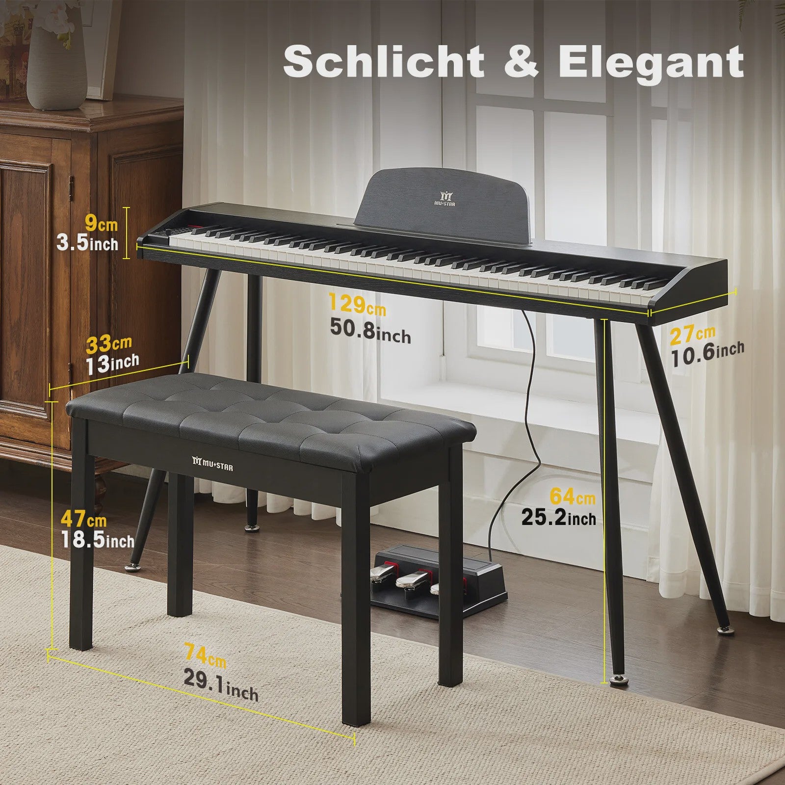 Digitale Piano 88 Toetsen met Hamer Mechaniek, 3 Pedalen en MIDI-USB