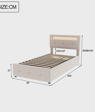 Kinderbed 90x200 cm Beige Velours met LED Verlichting, Hydraulische Opbergruimte en Verstelbaar Hoofdbord