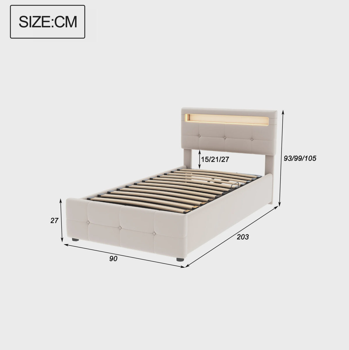 Kinderbed 90x200 cm Beige Velours met LED Verlichting, Hydraulische Opbergruimte en Verstelbaar Hoofdbord