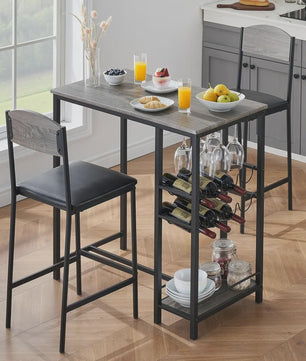 3-delige Bartafel Set met 2 Stoelen, Wijnrek en Opbergruimte