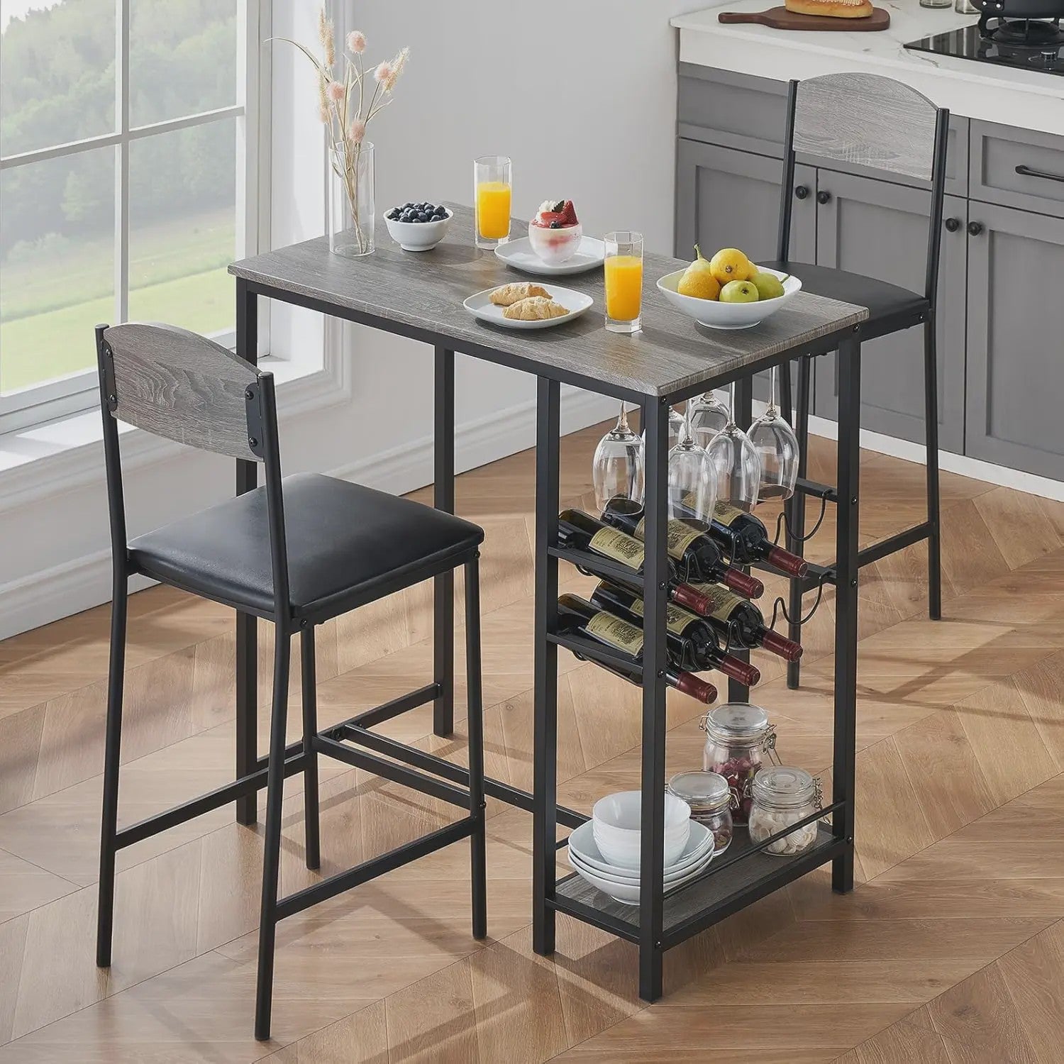 3-delige Bartafel Set met 2 Stoelen, Wijnrek en Opbergruimte