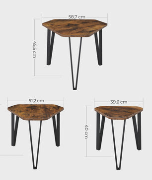Set van 3 bijzettafels met metalen poten, rustiek design