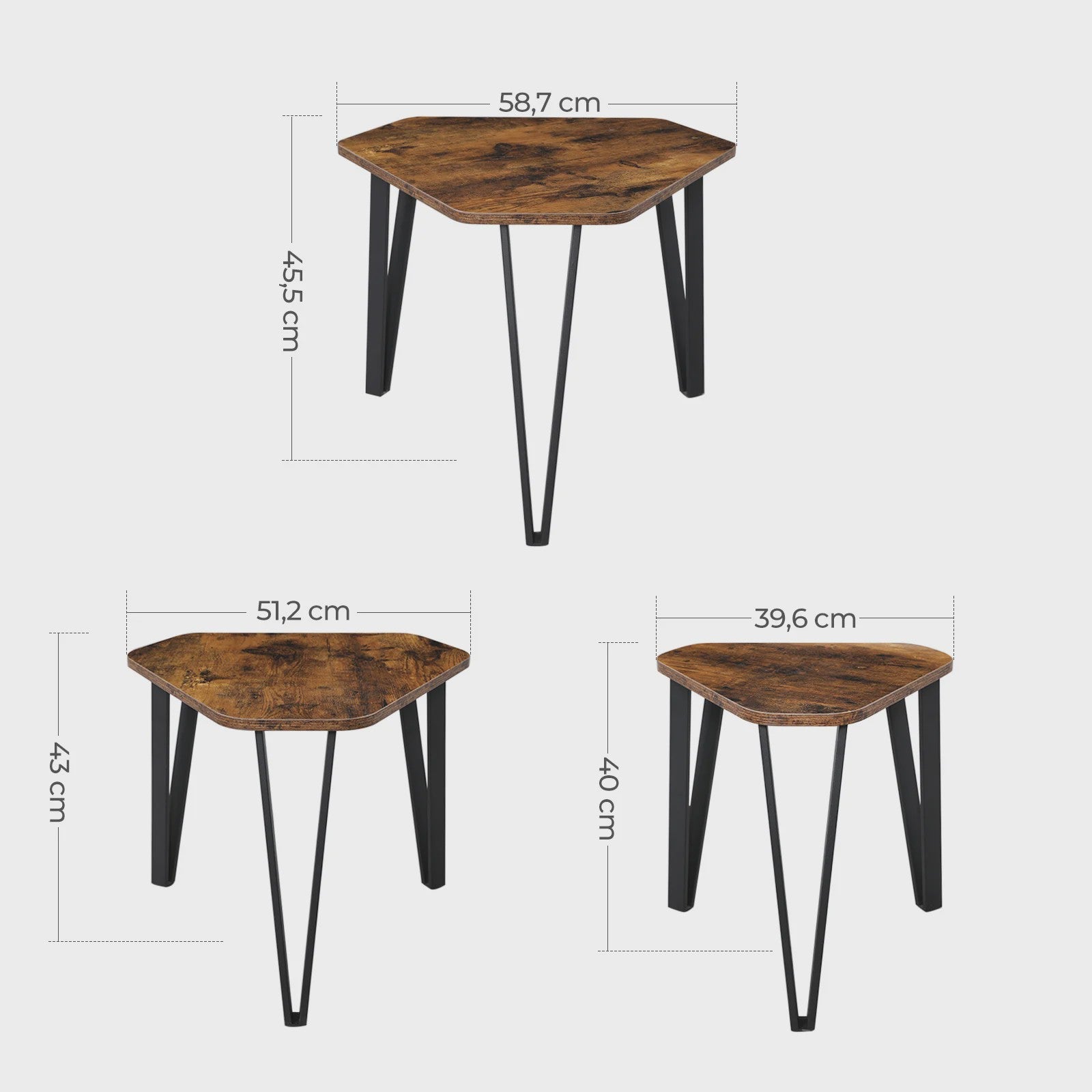 Set van 3 bijzettafels met metalen poten, rustiek design