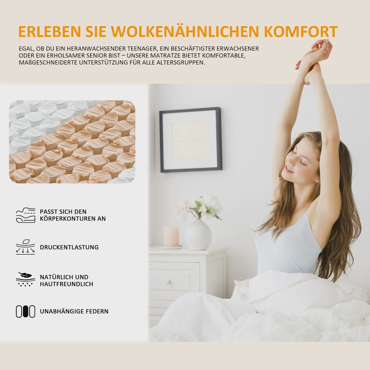 Pocketvering Matras 90/140/160/180x200cm - 22cm Dik, 7-Zoons Comfortschuim & Stevige Ondersteuning