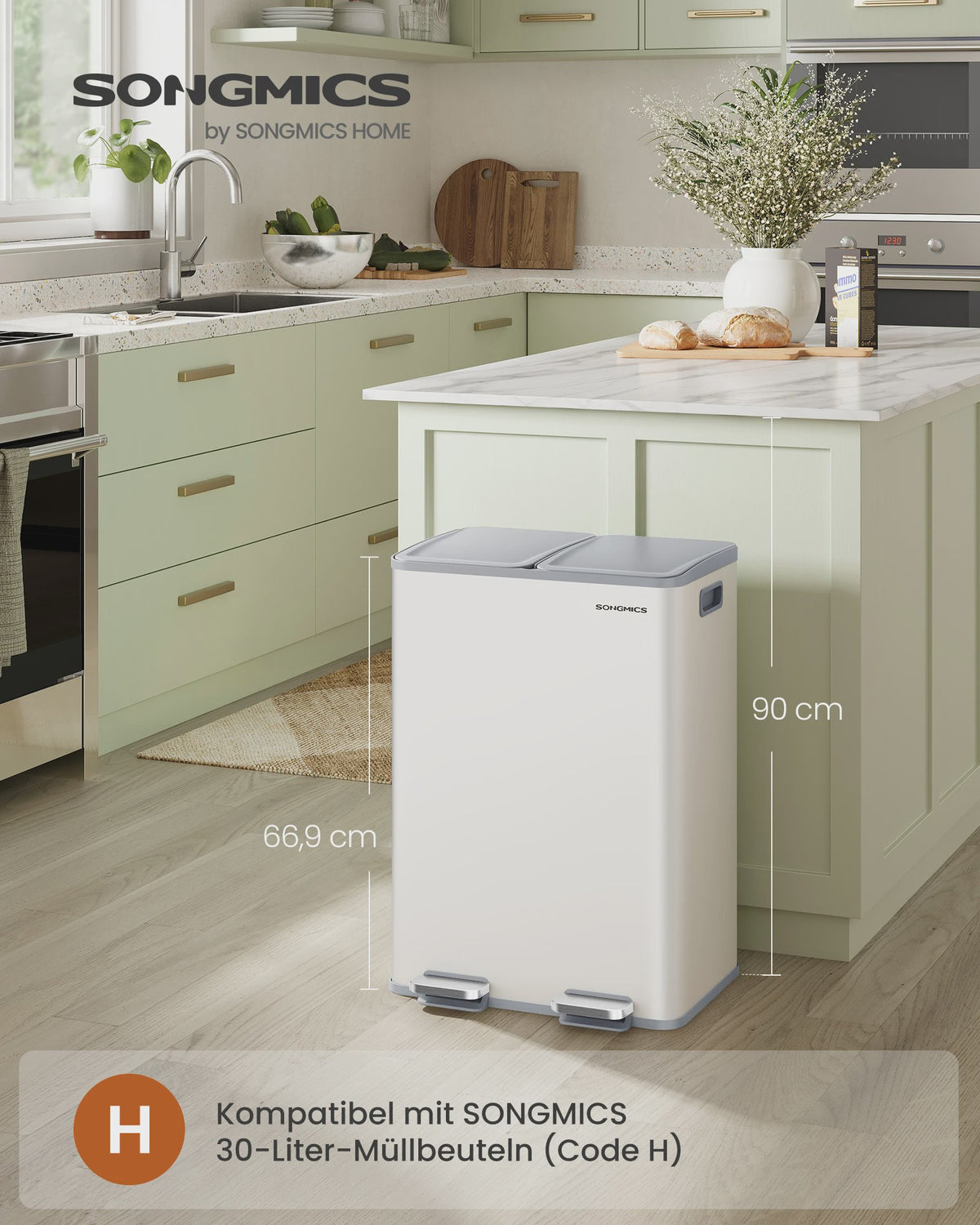 SONGMICS Dubbele Keukenprullenbak 2x30L met Softclose Deksel en Voetpedaal - RVS