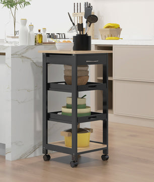 HOMCOM Keuken Trolley met Wielen, 2 Verwijderbare Dienbladen en Lade - Licht Eiken & Zwart