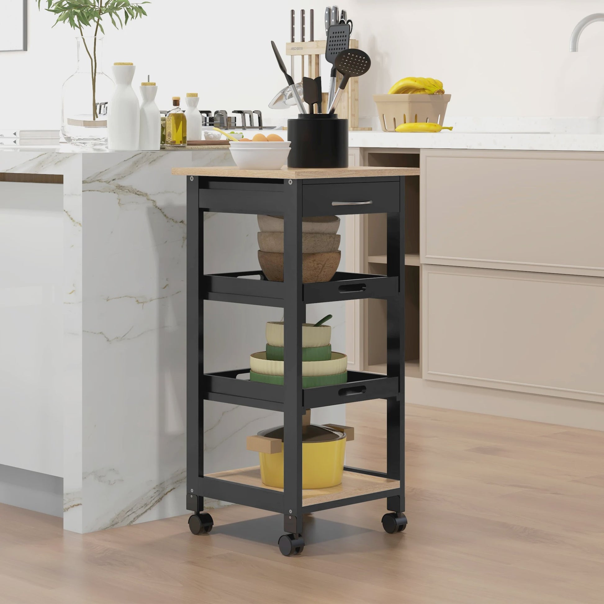 HOMCOM Keuken Trolley met Wielen, 2 Verwijderbare Dienbladen en Lade - Licht Eiken & Zwart