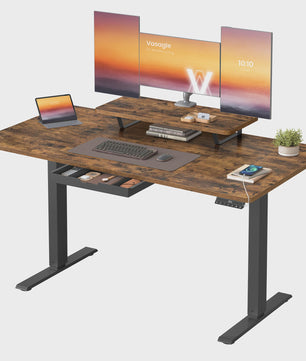VASAGLE Elektrisch In hoogte Verstelbaar Bureau met Monitorverhoger en Lade - Ergonomisch Werken