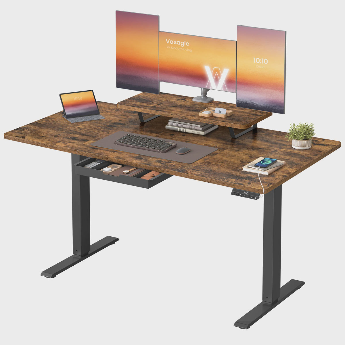 VASAGLE Elektrisch In hoogte Verstelbaar Bureau met Monitorverhoger en Lade - Ergonomisch Werken