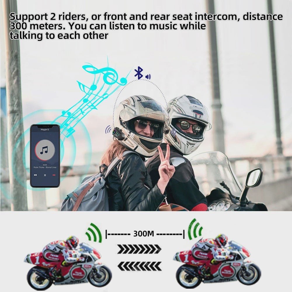 Motorhelm Intercom Systeem - Bluetooth 5.3 Headset voor 2 Motorrijders - 300M Bereik, Waterdicht & Muziek Delen