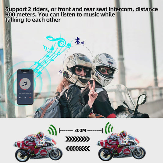 Motorhelm Intercom Systeem - Bluetooth 5.3 Headset voor 2 Motorrijders - 300M Bereik, Waterdicht & Muziek Delen