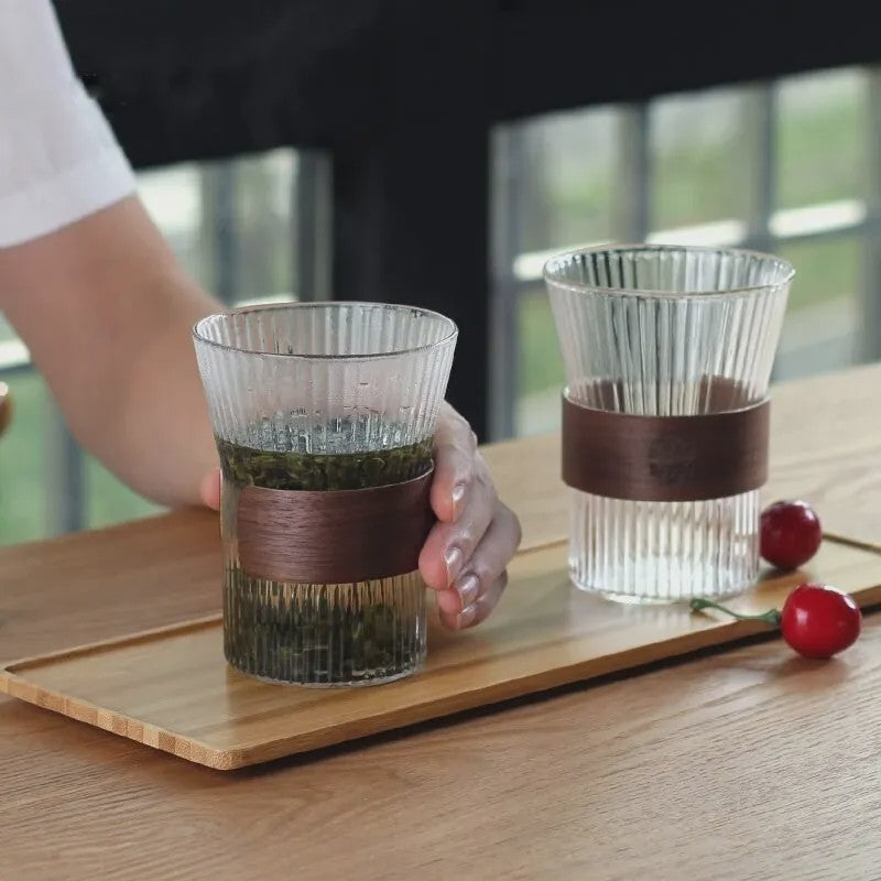 Japanse Stijl Glazen Koffiemok 350ML met Walnoothouten Sleeve - Stijlvol & Hittebestendig