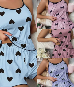 Dames Pyjama Set Hartjesprint - Comfortabele Ice Silk Loungewear