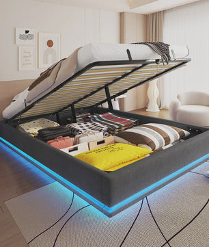160x200cm Boxspring Bed met Hydraulische Opbergruimte en RGB LED Verlichting