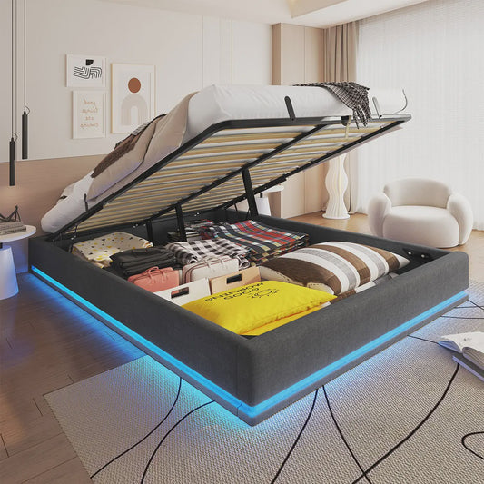 160x200cm Boxspring Bed met Hydraulische Opbergruimte en RGB LED Verlichting